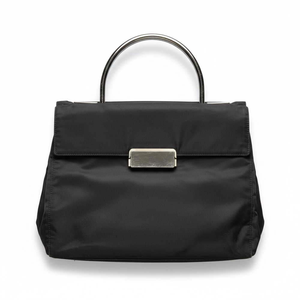 PRADA BLACK METAL HANDLE NYLON SATCHELL TOTE BAG